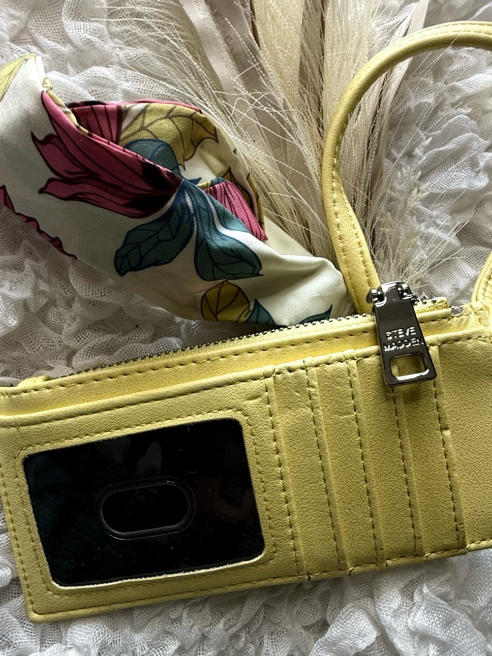 Steve Madden Lemon Yellow Wristlet Cardholder with Floral Scarf Accent